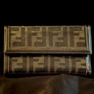 SOLD Authentic FENDI Zucca Trifold Zip Wallet Brown Canvas/Leather Made Italy